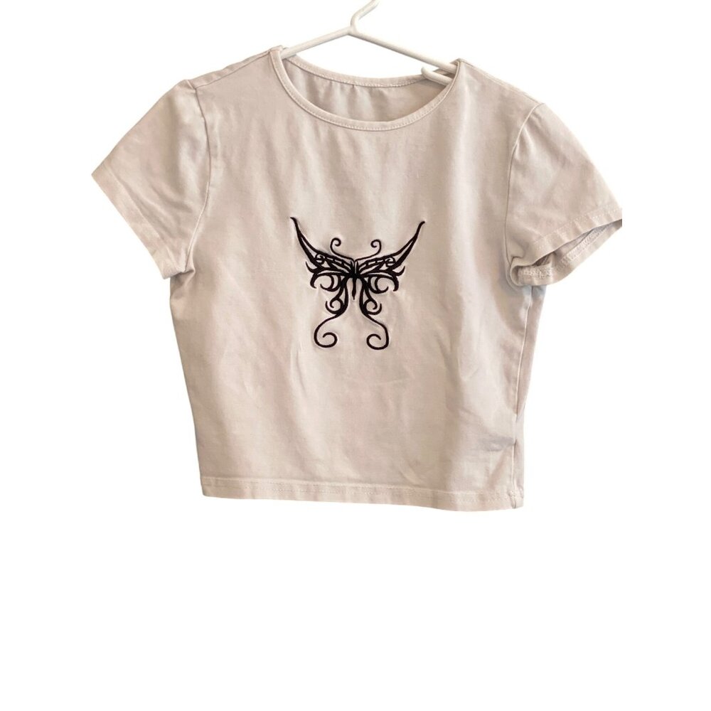 White Crop Top T Tee Shirt Black Embroidered Butterfly Women M UNBRANDED